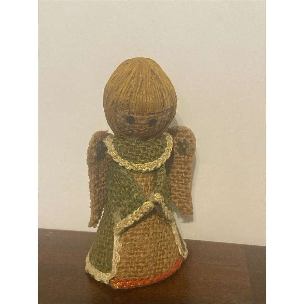 Vintage 1970S Burlap Jute Christmas Angel Figurine Ornament 4.5”